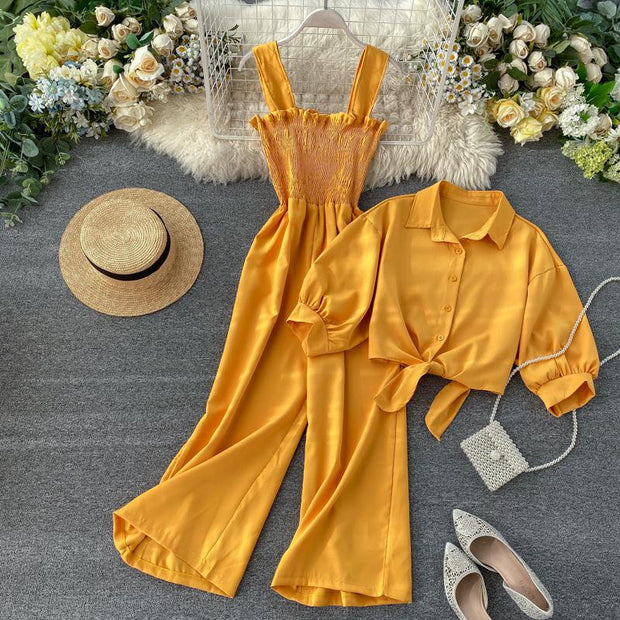 Summer Two Pieces Set Women Loose Short Sunscreen Jacket + Suspending Rompers Clothing Female Casual Holidays Suit