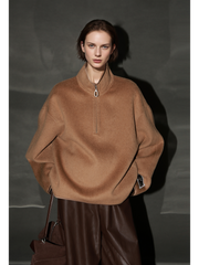 Oversized Camel Hair Sweatshirt Coat for Women – Stand Collar Double-Faced Wool Jacket with Minimalist Luxe Style
