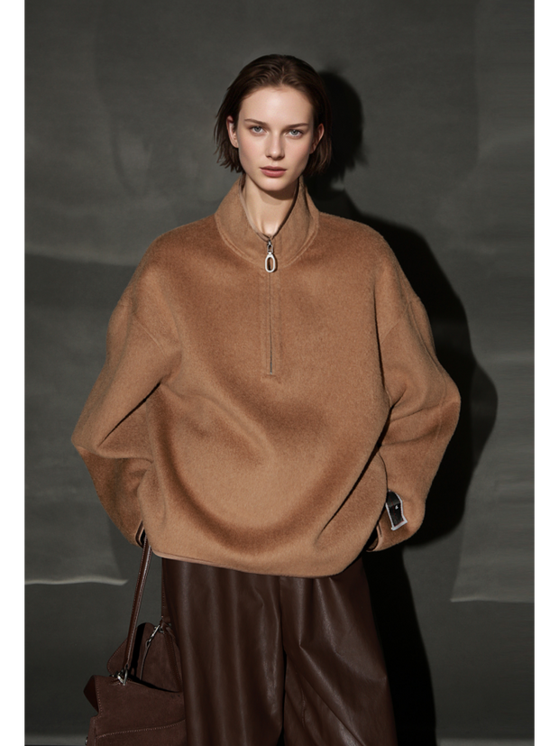 Oversized Camel Hair Sweatshirt Coat for Women – Stand Collar Double-Faced Wool Jacket with Minimalist Luxe Style