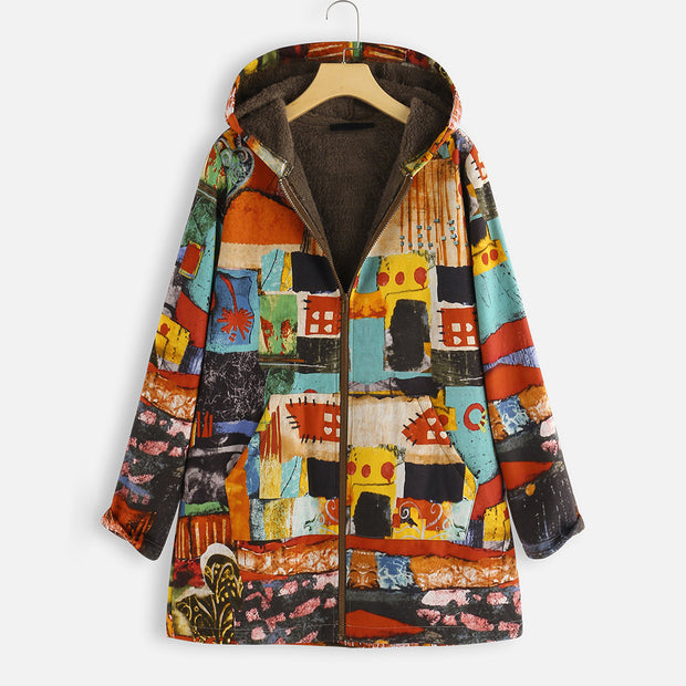 Wearshes Casual Retro Print Plus Velvet Coat