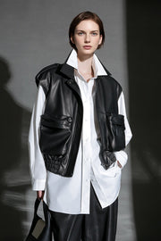 Women’s Short Sheepskin Leather Vest – Bubble Leather Design with Pockets, Notched Collar & Shoulder Strap Details