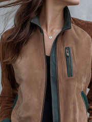 Retro Colorblock Zip-Up Microsuede Leather Jacket