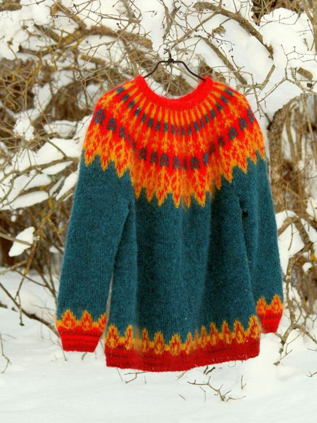 Unisex Vintage Icelandic Colorful Knit Jacquard Warmth Crew Neck Sweater