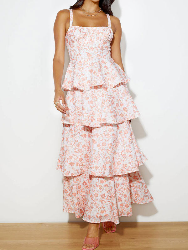 Tie up printing maxi dress