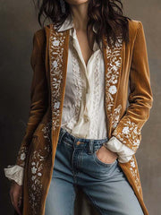 Golden Caramel Embroidered Corduroy Long Coat