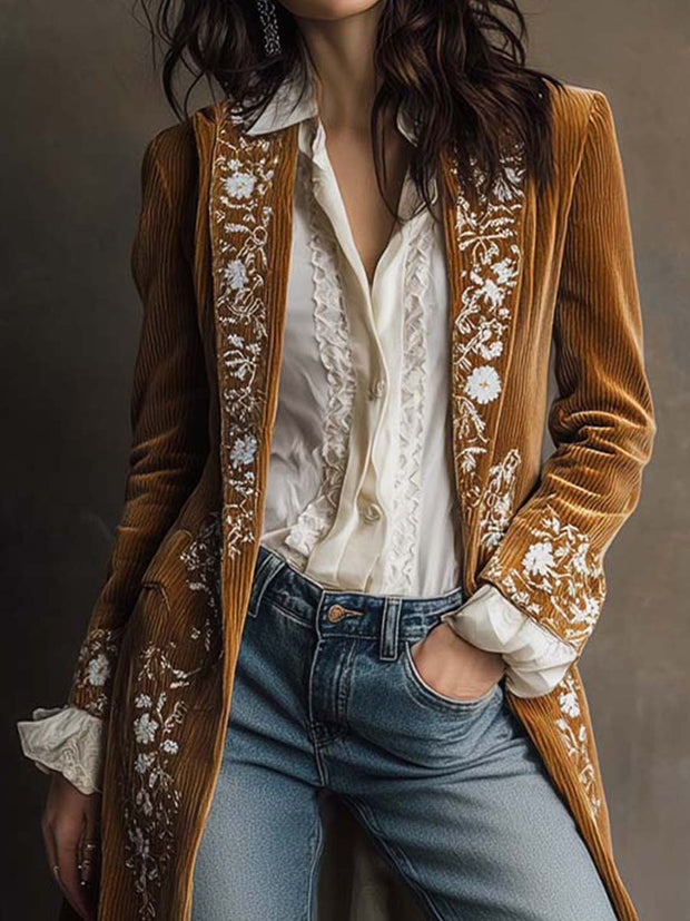 Golden Caramel Embroidered Corduroy Long Coat