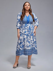 Plus Floral V-Neck Lantern Sleeve Boho Midi Dress