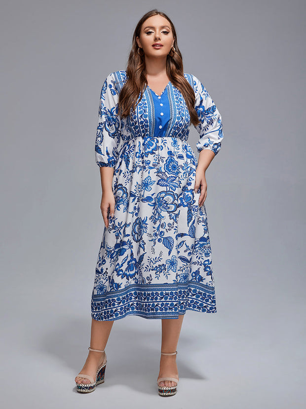 Plus Floral V-Neck Lantern Sleeve Boho Midi Dress