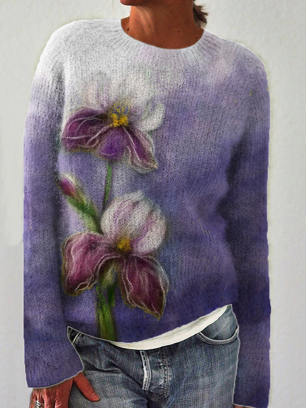 Classy Purple Flowers Felt Art Cozy Knit Sweater