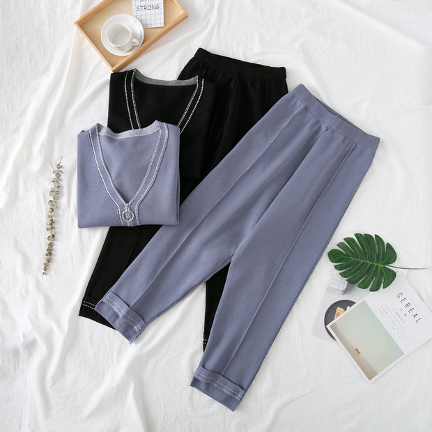 Fashion Simply V-neck Zipped Knit Two-piece Set