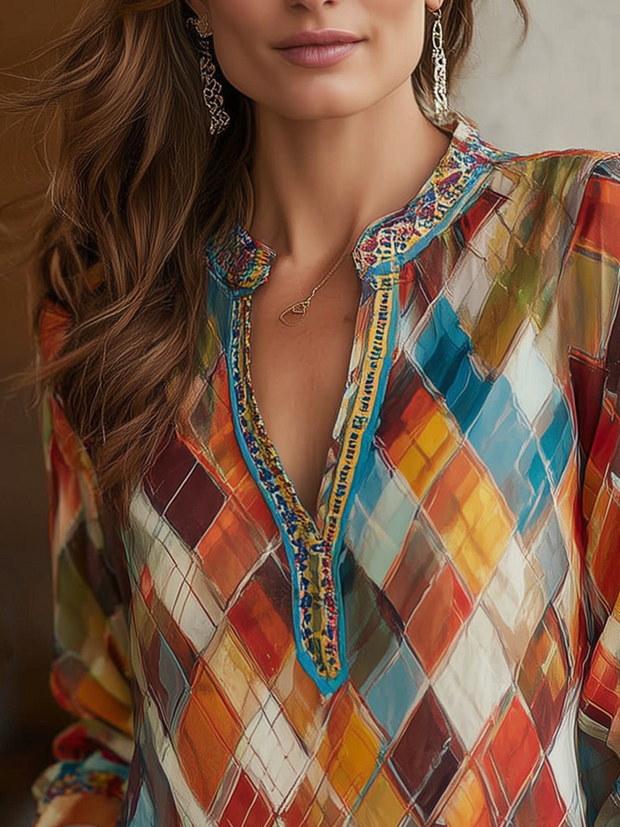 Retro Henley Collar Colorful Diamond Long Sleeve Blouse