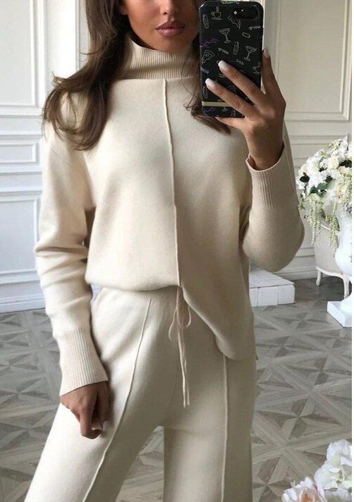 Casual High-neck Knitted Wide-leg Pants Two-piece Suits