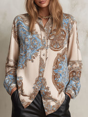 Vintage Baroque Pattern Print Satin Button-Down Shirt