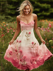 Pink Floral Embroidered Gradient Linen Suspender Dress