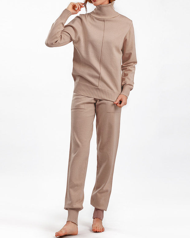 Turtleneck solid color sweater knitted two-piece set