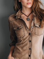 Retro Washed Contrast Stitching Blouse