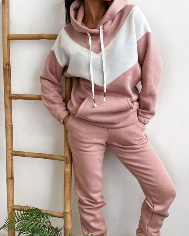 Casual Color Block Hooded Sweatshirt Set