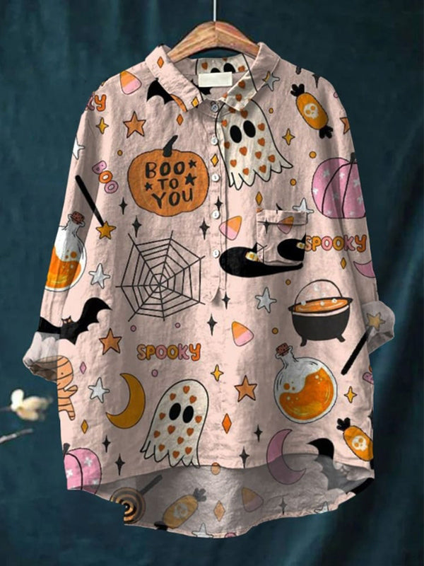 Halloween Printing Casual Cotton Linen Shirt