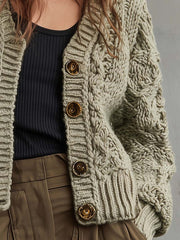 Sage Chunky Twisted Knit Cardigan With Gold Buttons