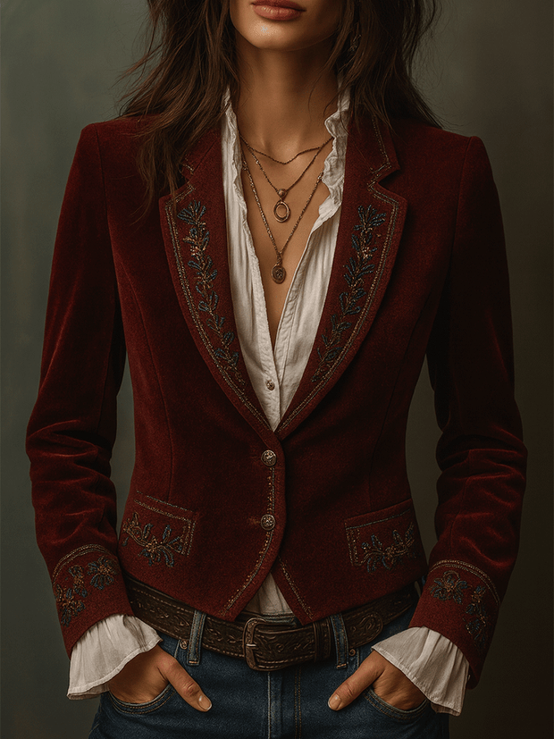Vintage Burgundy Boho Stitching Velvet Jacket