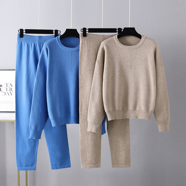 Solid color crew neck sweater knitted two-piece set