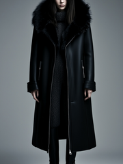 Women Fur Trim Warm Lined Hooded Faux Leather Trench Coat