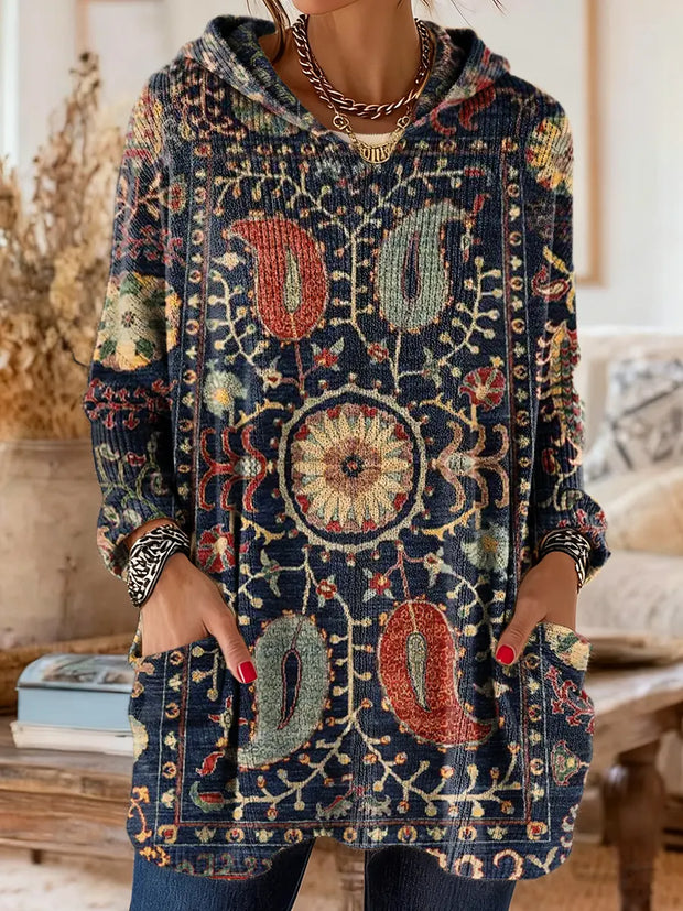 Women's Ethnic Totem Art Pattern Print Casual Knitted Pocket Hooded Tunic Top