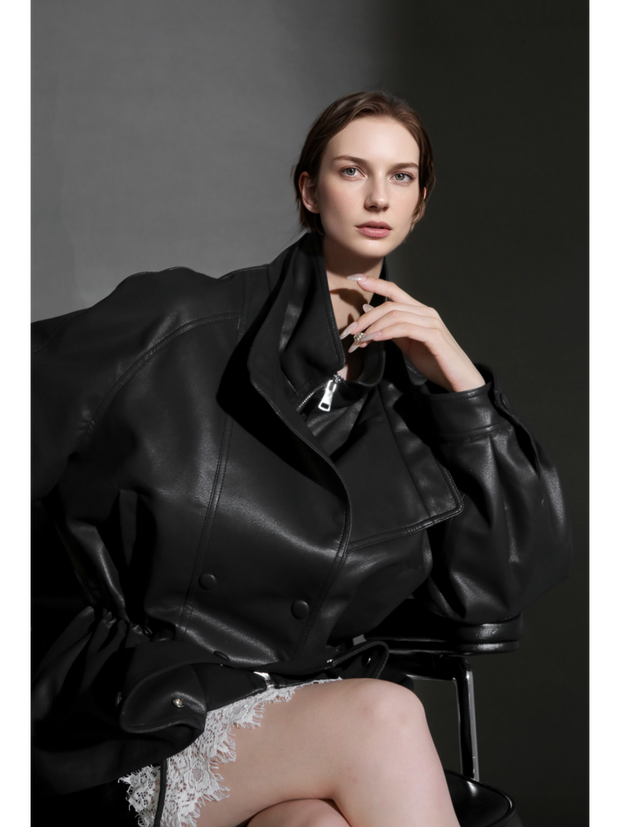 Double-Layer Collar Lambskin Leather Jacket – Chic and Bold Women’s Premium Leather Outerwear, Unique Design