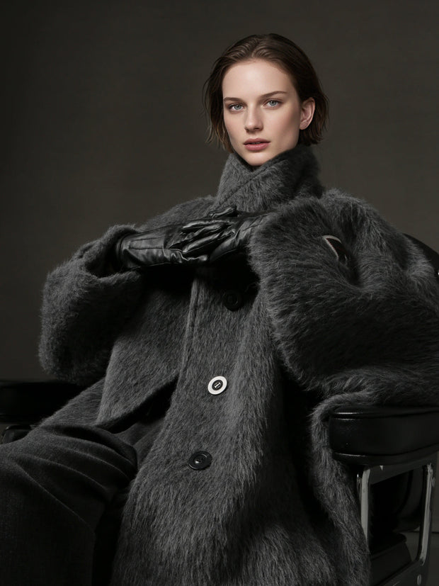 Alpaca Wool Biker Jacket for Women – Stand Collar Suoli Alpaca Coat with Luxe Textured Finish, Winter Chic Outerwear