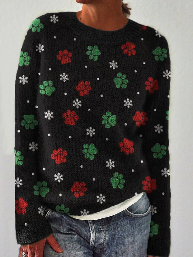 Christmas Paw Prints & Snowflakes Cozy Knit Sweater