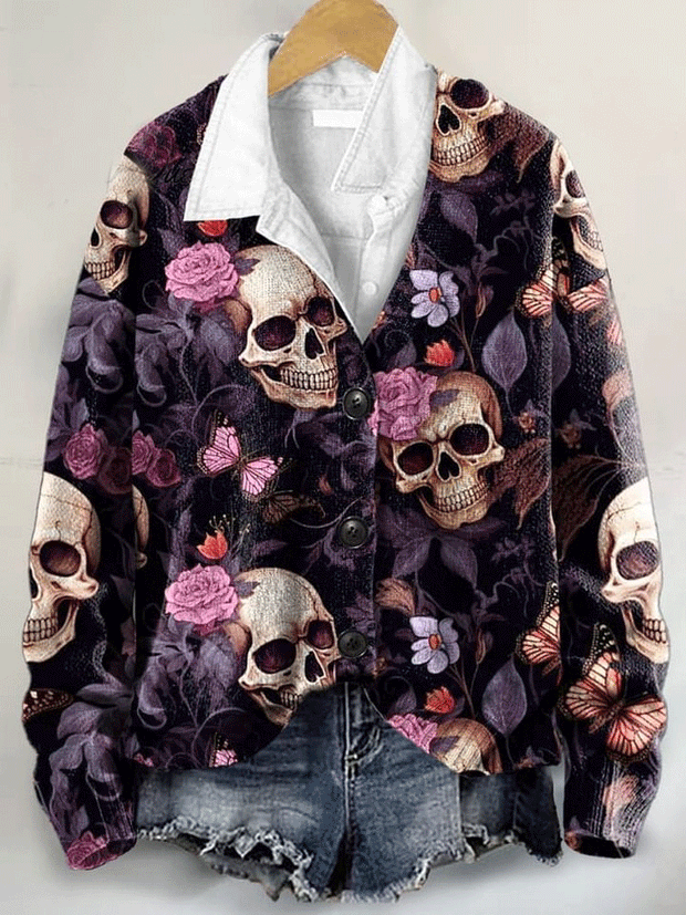 Halloween Skeleton Art Print Buttoned V-neck Cardigan Sweater