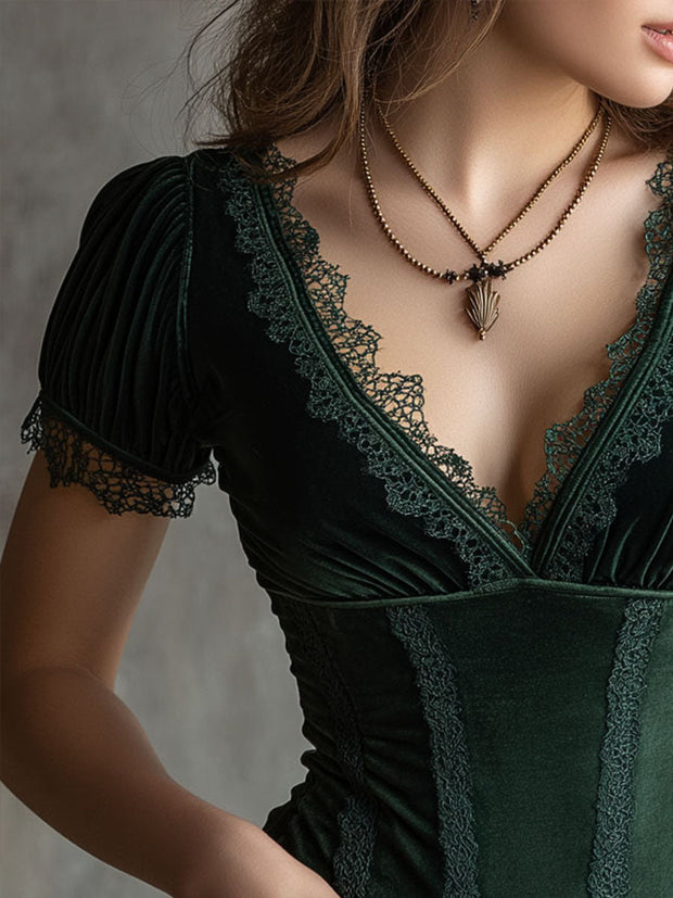 Romantic Velvet Lace Corset Puff Sleeve Blouse