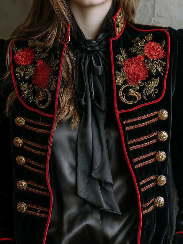 Retro Black Velvet Embroidered Gold Buttons Military Jacket