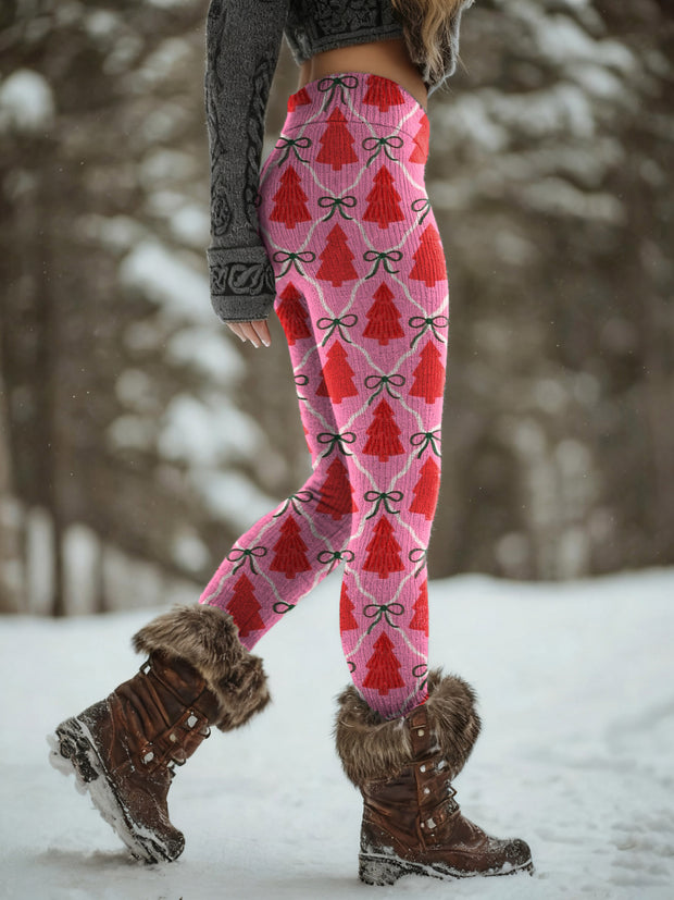 Cute Bow Christmas Tree Art Print Knit Leggings