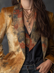 Vintage Suede Oil Painting Flower Print Lapel Blazer