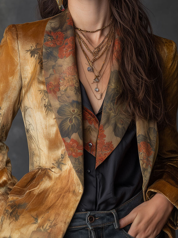 Vintage Suede Oil Painting Flower Print Lapel Blazer