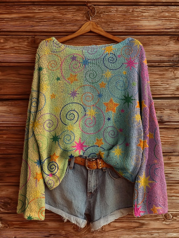 Women's Colorful Vertical Stripes Star Pattern Art Print Casual Pullover Sweater