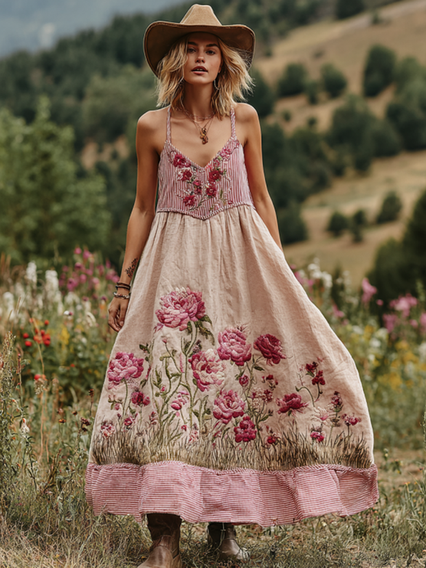 Love & Health Collection Retro Western Women Style Vintage Pink Striped And Floral Patchwork Art Linen Suspender Dress