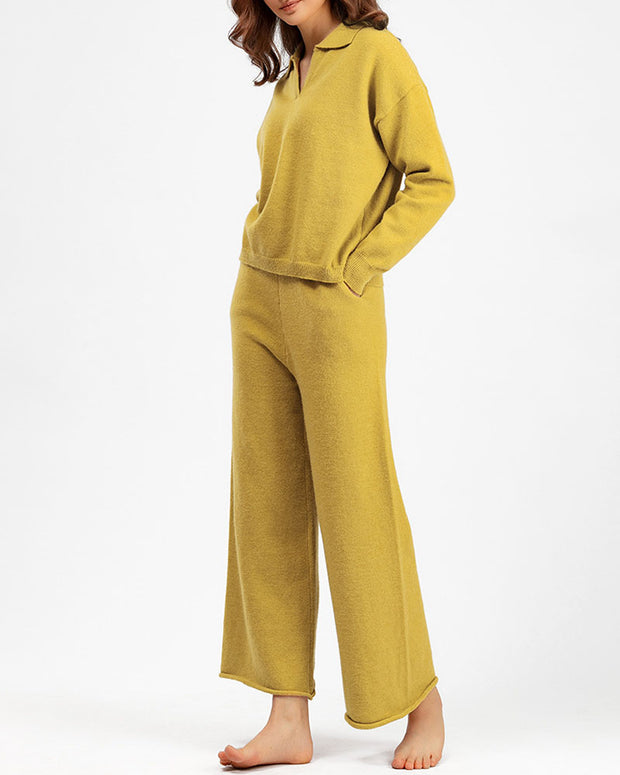 Polo collar sweater and wide-leg pants two-piece set