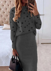 Star Print Top And Skirt  Casual Sweater Two-piece Set