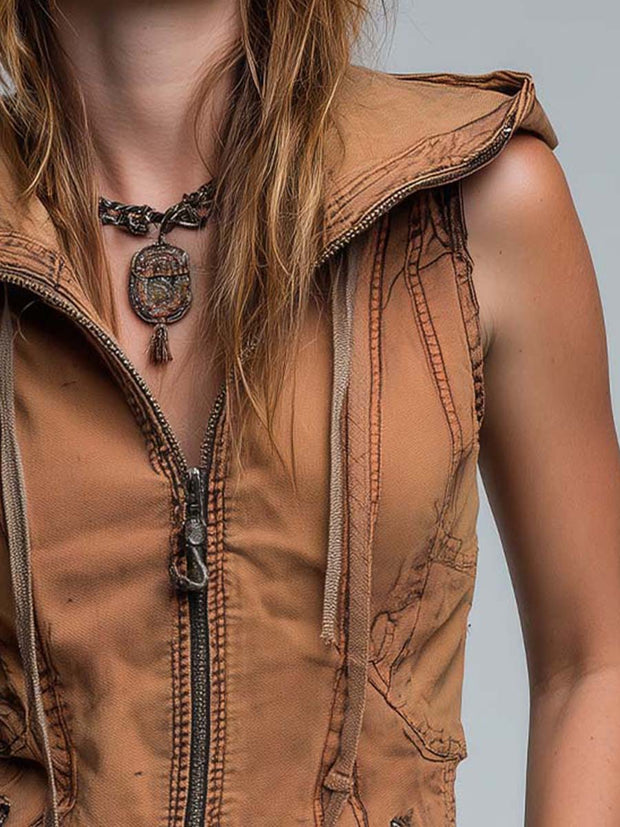 Vintage Washed Utility Style Hoodie Vest