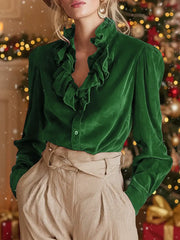 Women's Solid Color V-neck Ruffled Long Sleeve Casual Loose Velvet Shirt
