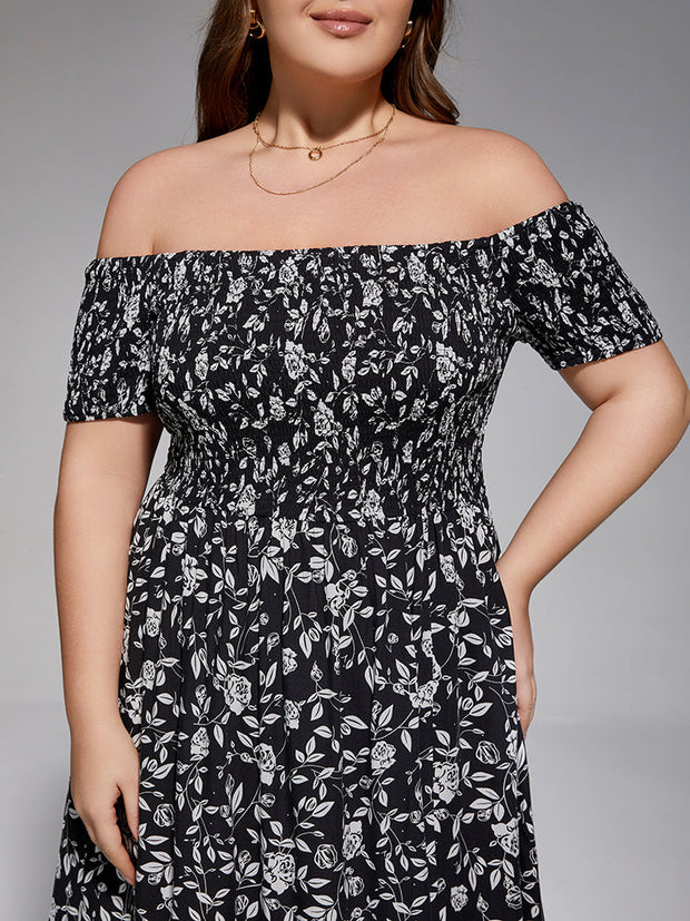 Plus Floral Off-Shoulder Split Midi Dress