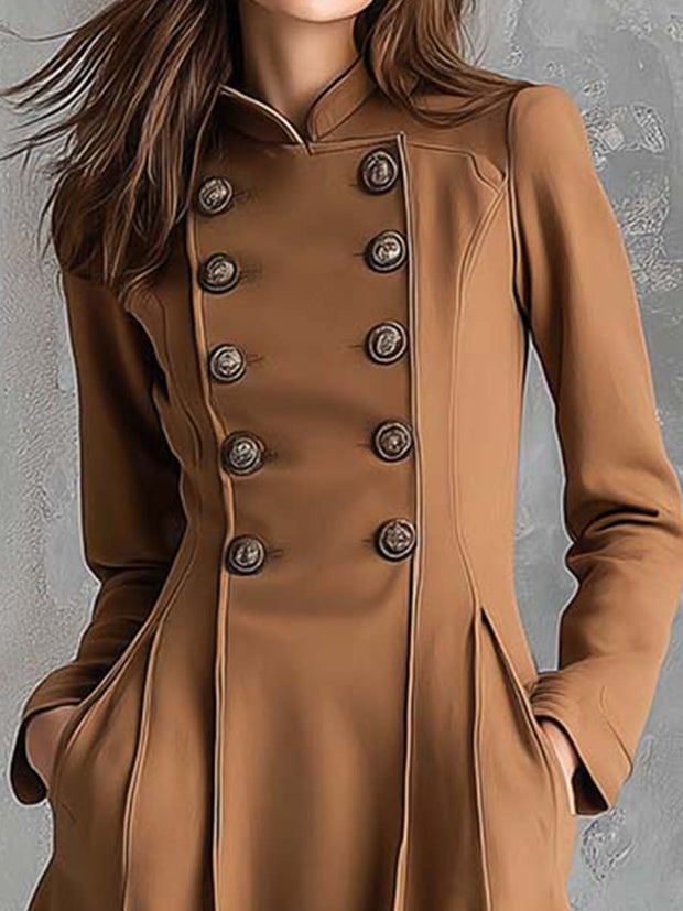 Vintage Camel Double-Breasted Midi Coat Dress
