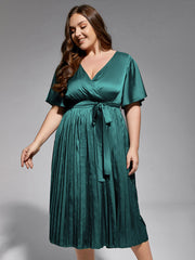 Plus Green Ruffle Sleeve Elastic Waist Midi Dress