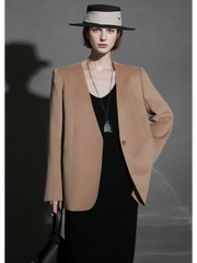 Soft Cashmere Blend Blazer for Women – V-Neck Structured Shoulder Suit Jacket, Elegant Office Wear for Fall