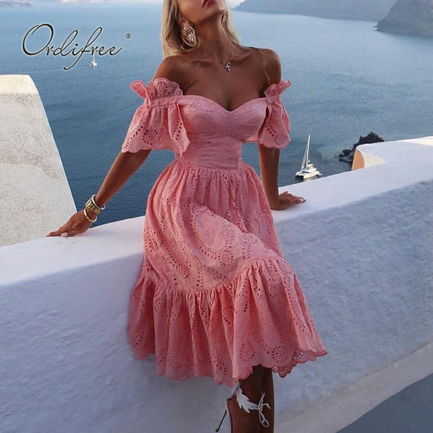 Summer Women Embroidery Party Dress Off Shoulder Short Sleeve Slash Neck Pink Tunic Beach Dress