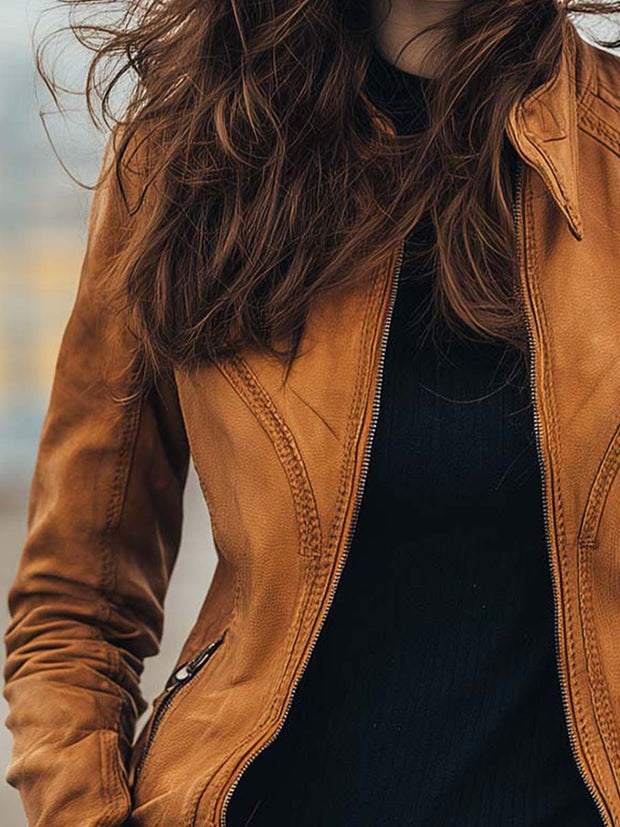 Women's Vintage Caramel Brown Fitted Moto Leather Jacket
