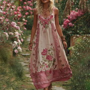 Women's Vintage Floral Embroidery V Neck Tank Midi Dress
