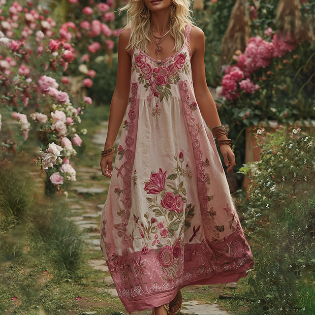 Women's Vintage Floral Embroidery V Neck Tank Midi Dress
